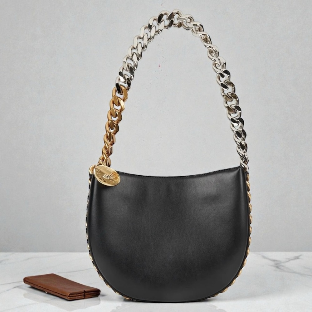 Stella McCartney Frayme Shoulder Bag Black Mixed Chain Vegan Leather